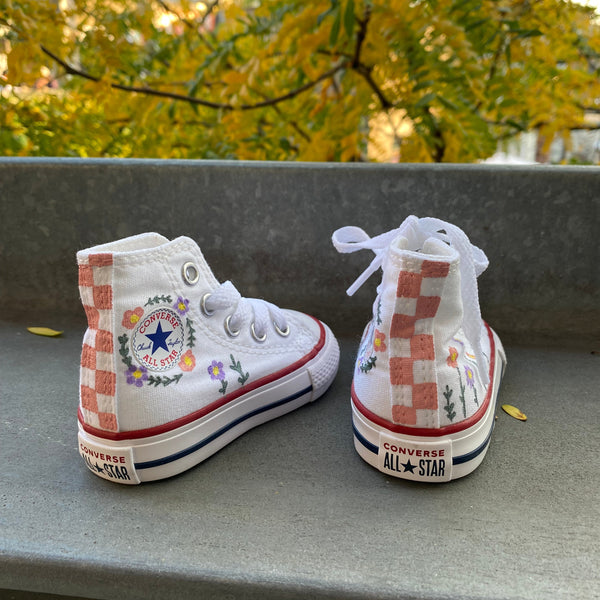 Checkered floral high top converse