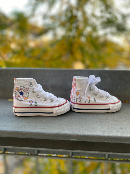 Checkered floral high top converse