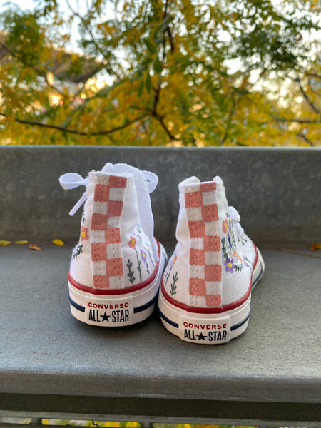 Checkered floral high top converse