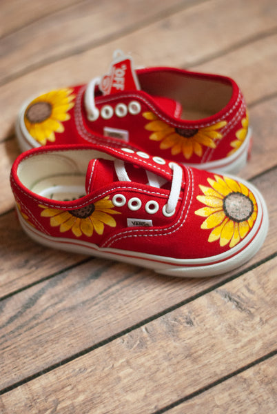 Sunflower Red Vans | Custom Hand Painted Sunflower Vans