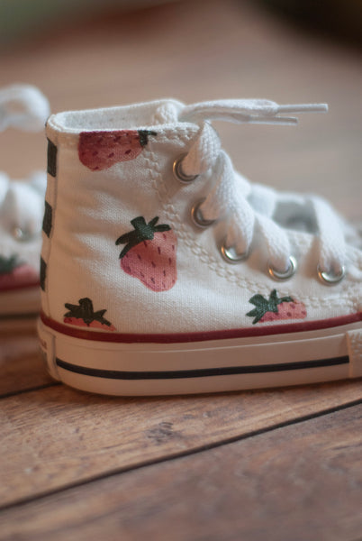 Checkered Pink Strawberry High Top Converse