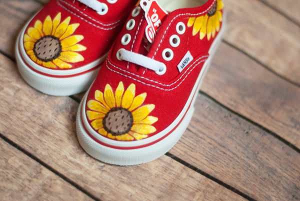 Sunflower Red Vans | Custom Hand Painted Sunflower Vans