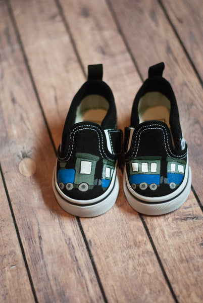 Hand Painted Train Slip On Vans | Custom Train Vans