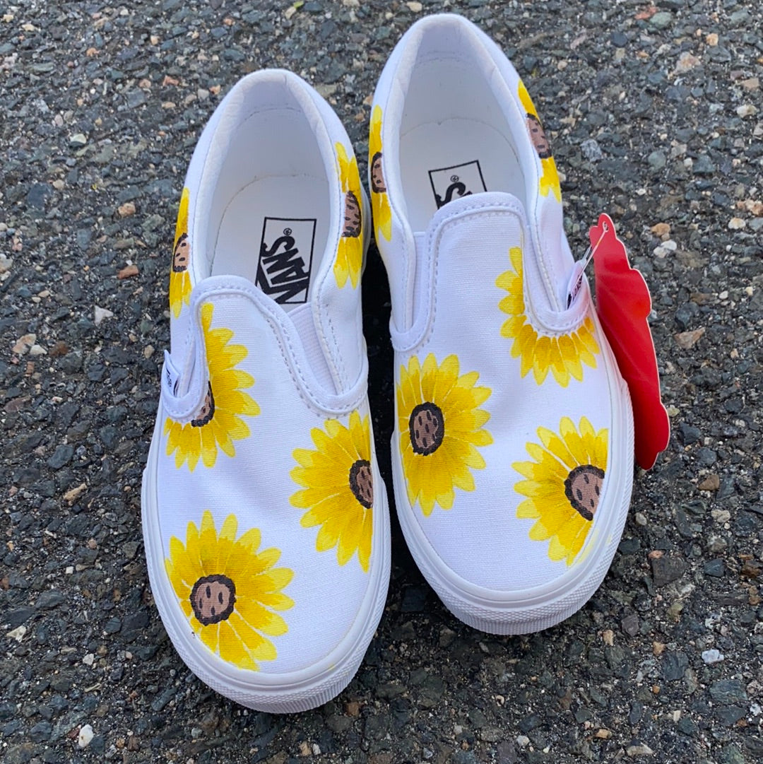 Yellow Painted Sunflower Vans White Sunflower Slip On Vans