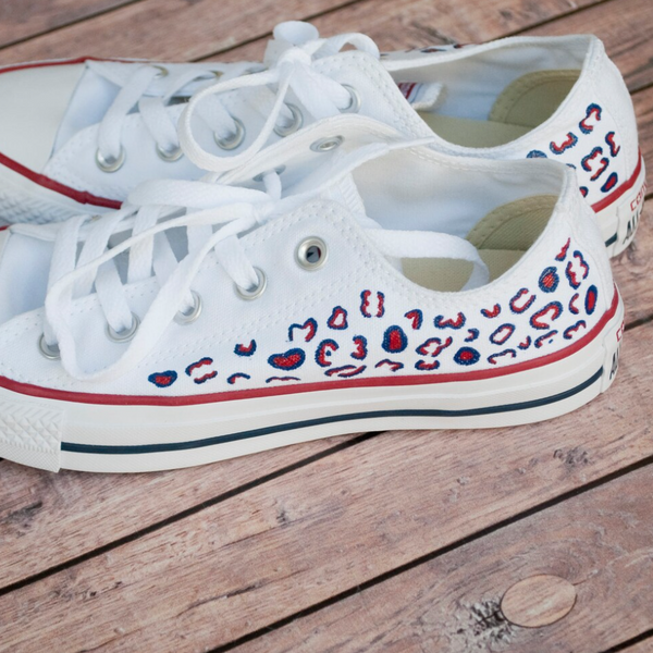 Red and Blue Cheetah Print Converse