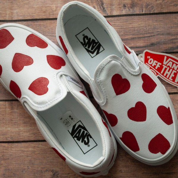 Red Heart Slip On Vans | Valentine's Vans | Hand Painted Vans
