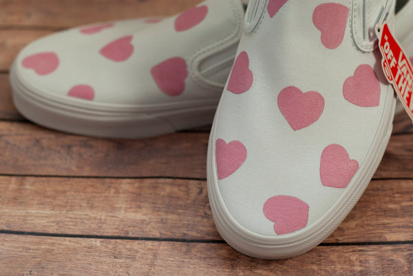 Pink Heart Slip On Vans | Custom Hand Painted Slip On Vans
