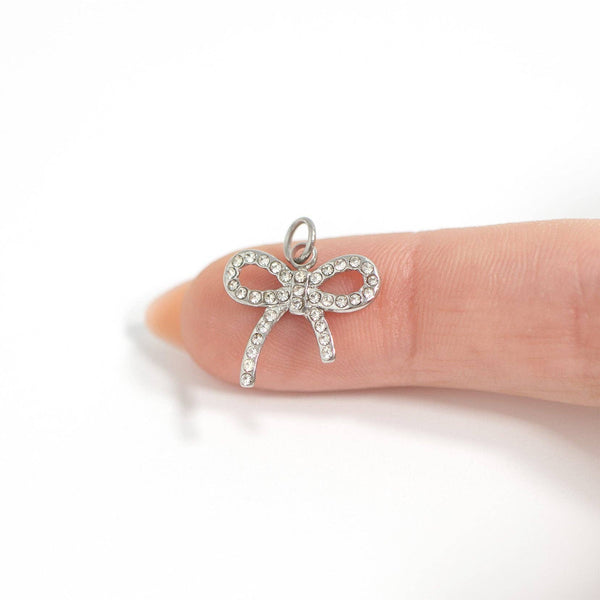 18K Gold PVD Stainless Steel Rhinestone Bow Charm: Gold