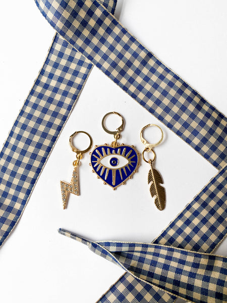 Shoe Charm and Lace Sets –  Shoelace Accessories: Navy Gingham/Evil Eye/Bolt/Feather