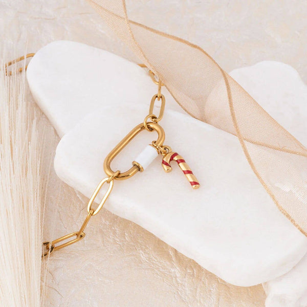 18K Gold PVD Stainless Steel Candy Cane Charm: Gold
