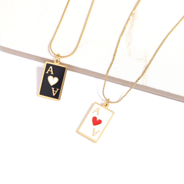 18K Gold PVD Stainless Steel Ace of Hearts Playing Card Pendant: White / Gold