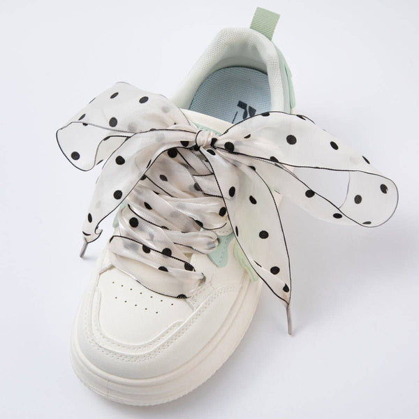 White, Pink, Black Retro Polka Dotted Sheer Chiffon Fabric Ribbon Shoelaces | WB00309 - WB00311: Black