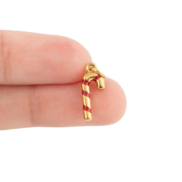 18K Gold PVD Stainless Steel Candy Cane Charm: Gold