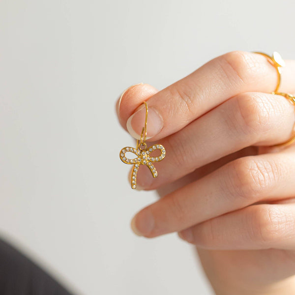 18K Gold PVD Stainless Steel Rhinestone Bow Charm: Gold