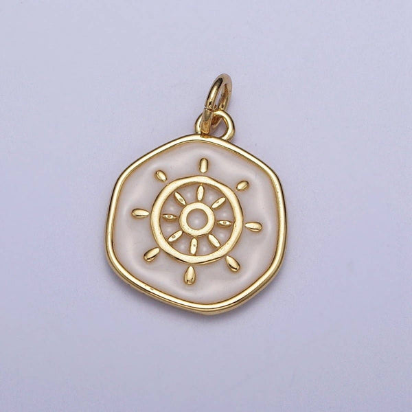 24K Gold Filled White Enamel Ship Boat Steering Wheel Round Coin Charm For Jewelry Making AG-135