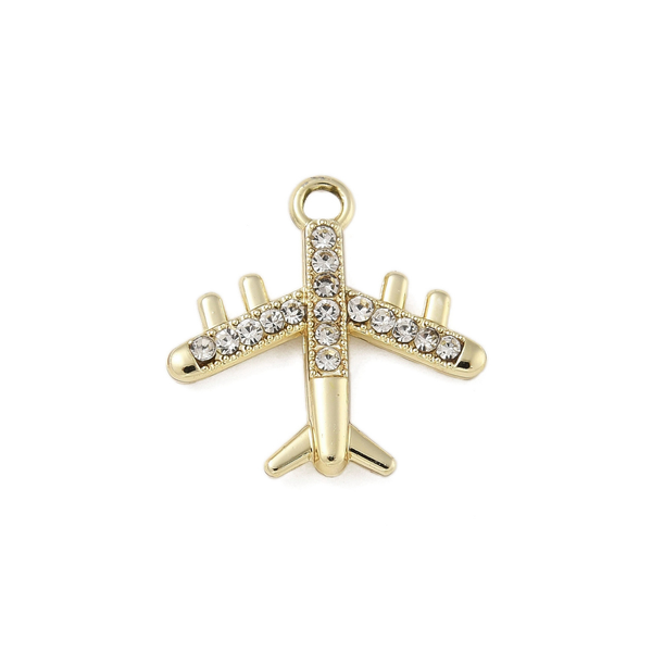 Alloy Rhinestone Airplane Charm: Gold