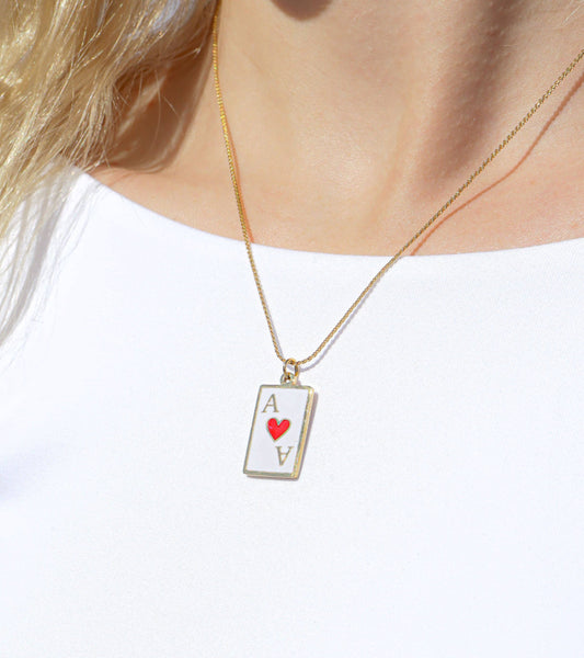 18K Gold PVD Stainless Steel Ace of Hearts Playing Card Pendant: White / Gold
