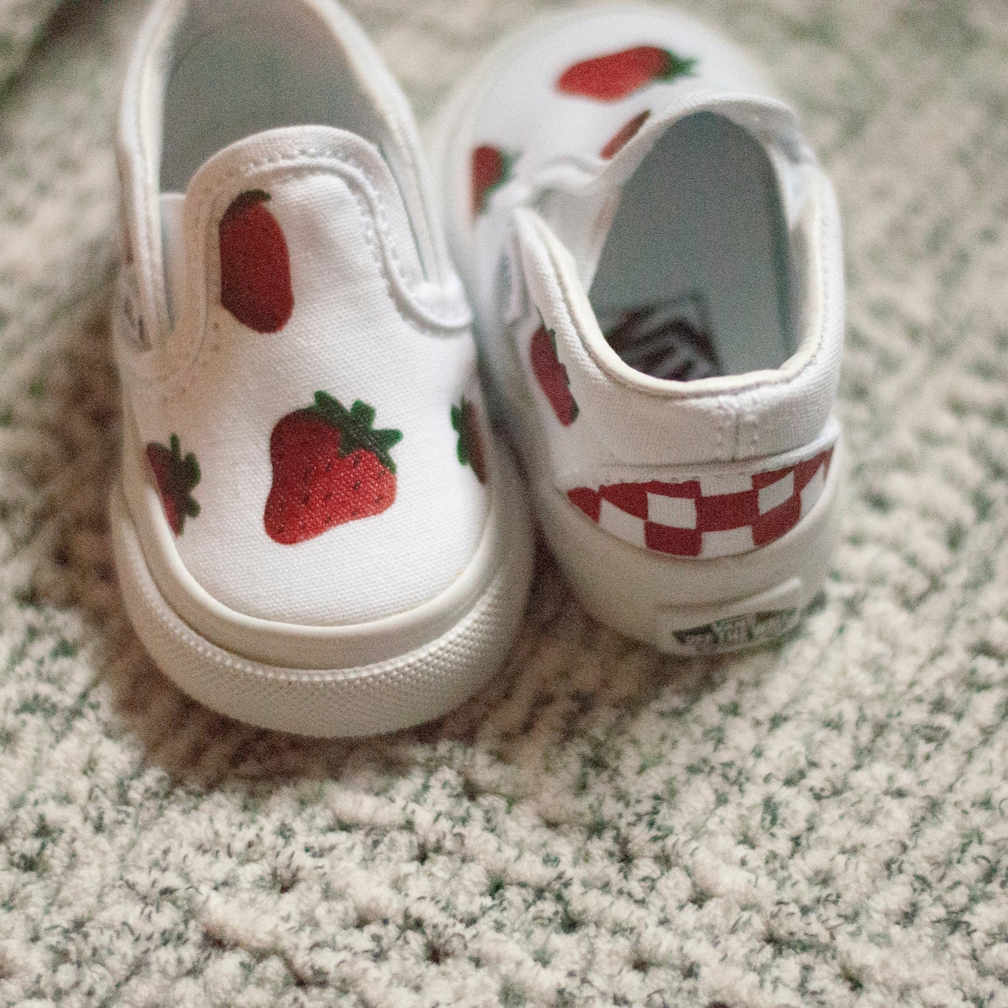 Checkered Strawberry Slip On Vans | Custom Hand Painted Strawberry Slip On Vans