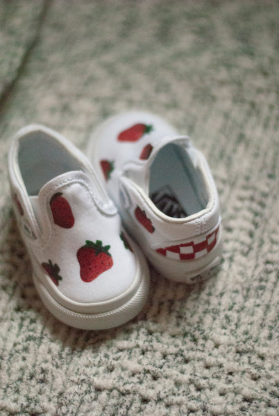 Checkered Strawberry Slip On Vans | Custom Hand Painted Strawberry Slip On Vans