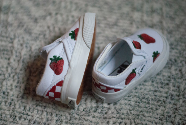 Checkered Strawberry Slip On Vans | Custom Hand Painted Strawberry Slip On Vans