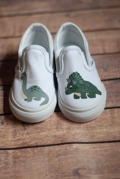 Slip On Checkered Dinosaur Vans | Hand Painted Dinosaur Vans