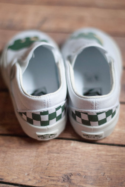 Slip On Checkered Dinosaur Vans | Hand Painted Dinosaur Vans