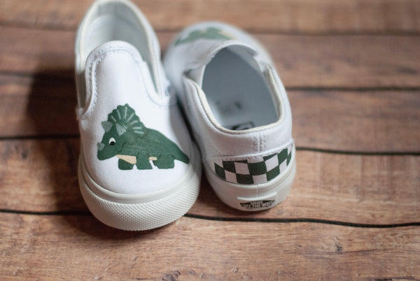 Slip On Checkered Dinosaur Vans | Hand Painted Dinosaur Vans