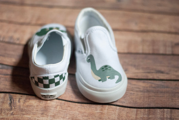 Slip On Checkered Dinosaur Vans | Hand Painted Dinosaur Vans