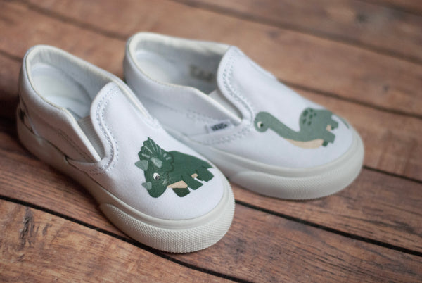 Slip On Checkered Dinosaur Vans | Hand Painted Dinosaur Vans