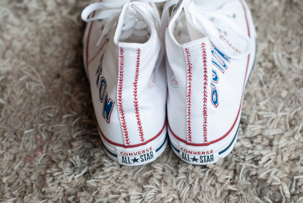 Custom Hand Painted Boston Baseball Themed High Top Converse
