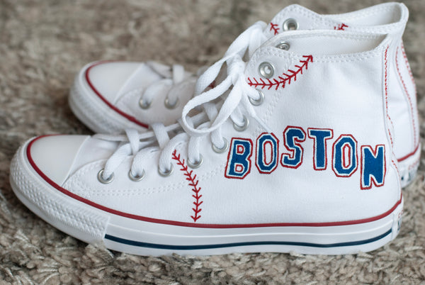 Custom Hand Painted Boston Baseball Themed High Top Converse