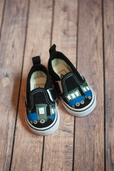 Hand Painted Train Slip On Vans | Custom Train Vans