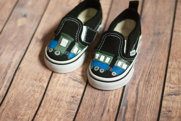 Hand Painted Train Slip On Vans | Custom Train Vans