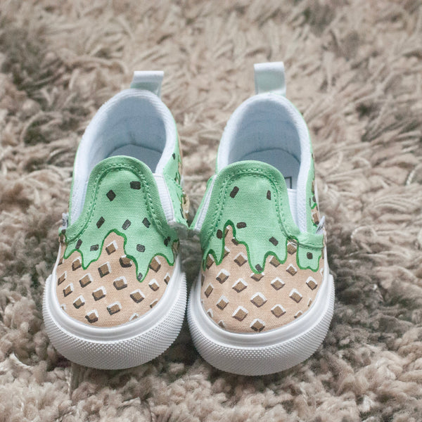 Slip On Vans with waffle cone and mint chocolate chip ice cream painted on