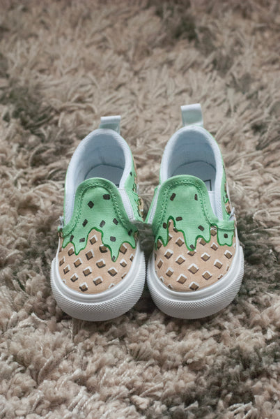 Slip On Vans with waffle cone and mint chocolate chip ice cream painted on
