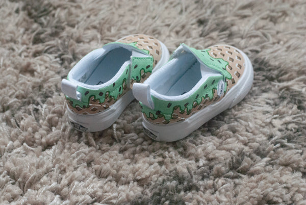 Slip On Vans with waffle cone and mint chocolate chip ice cream painted on