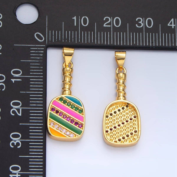 Colorful Pickle Ball Charm in 24K Gold Filled Pendant Sports Paddle with CZ | I769: Gold