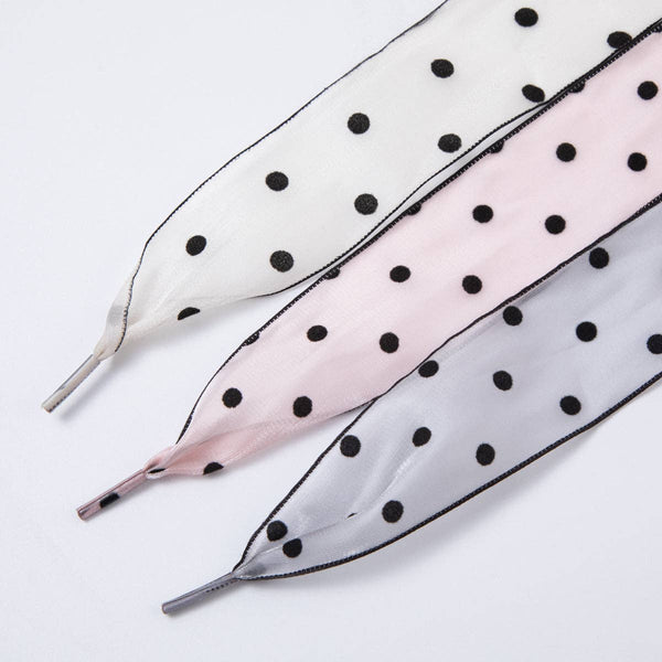 White, Pink, Black Retro Polka Dotted Sheer Chiffon Fabric Ribbon Shoelaces | WB00309 - WB00311: Pink