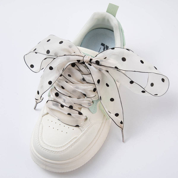 White, Pink, Black Retro Polka Dotted Sheer Chiffon Fabric Ribbon Shoelaces | WB00309 - WB00311: Pink