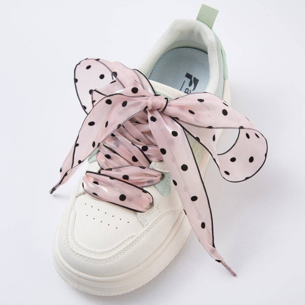 White, Pink, Black Retro Polka Dotted Sheer Chiffon Fabric Ribbon Shoelaces | WB00309 - WB00311: Pink