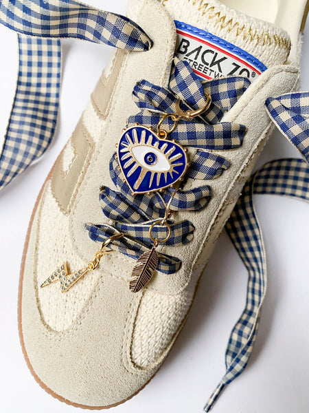 Shoe Charm and Lace Sets –  Shoelace Accessories: Navy Gingham/Evil Eye/Bolt/Feather