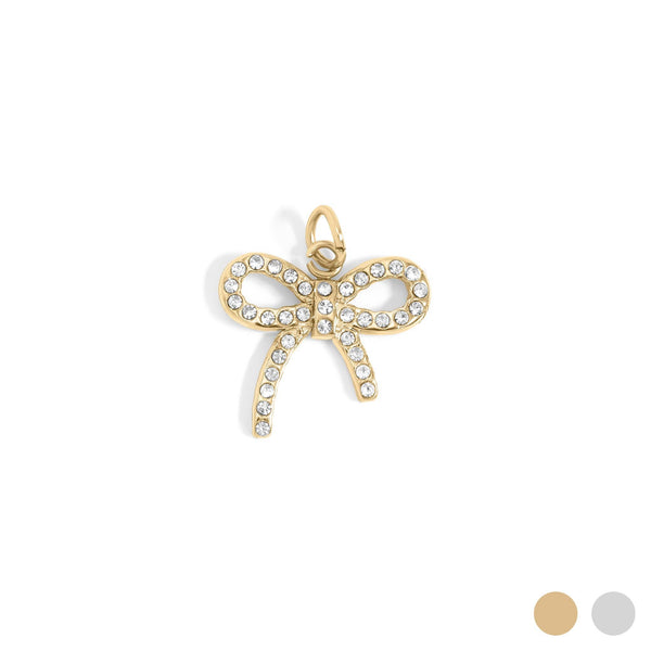 18K Gold PVD Stainless Steel Rhinestone Bow Charm: Gold