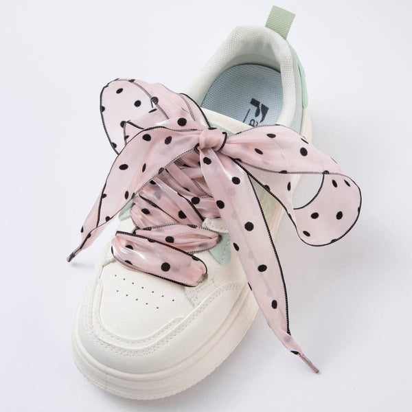 White, Pink, Black Retro Polka Dotted Sheer Chiffon Fabric Ribbon Shoelaces | WB00309 - WB00311: Black