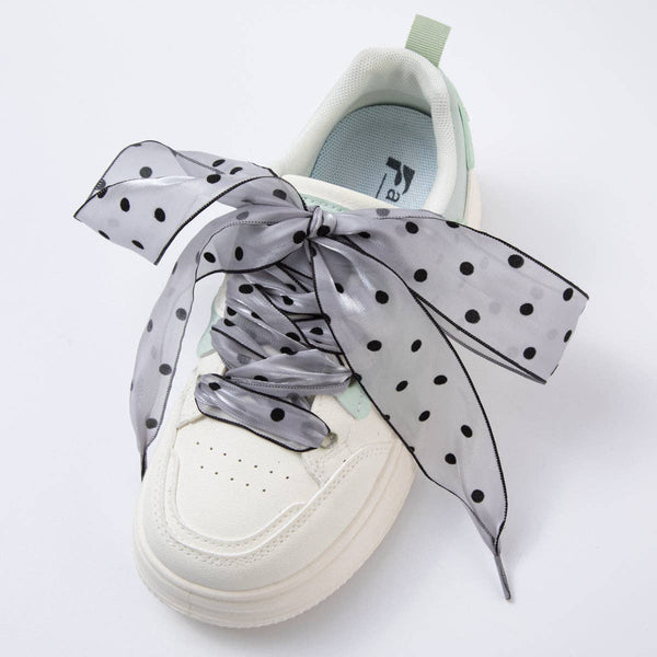 White, Pink, Black Retro Polka Dotted Sheer Chiffon Fabric Ribbon Shoelaces | WB00309 - WB00311: Black