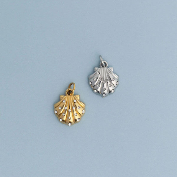 18K Gold PVD Stainless Steel Shell with Stones Charm: Gold