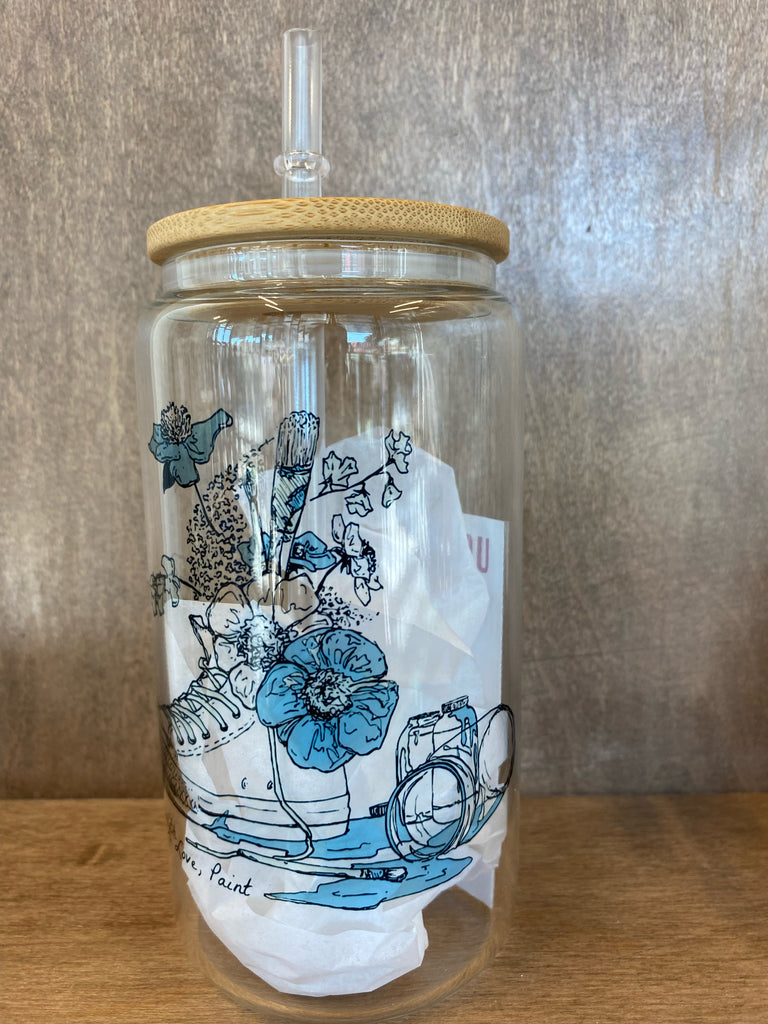 Retro Blue Floral 16 oz Glass Cup with Bamboo Lid