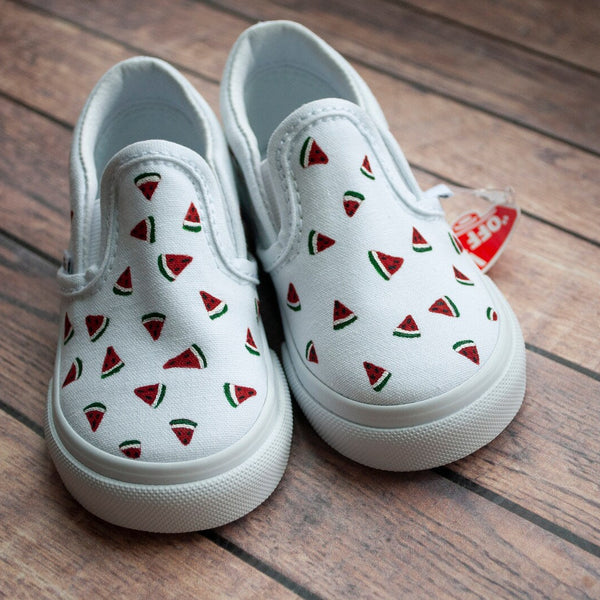 watermelon slices hand painted on slip on vans 